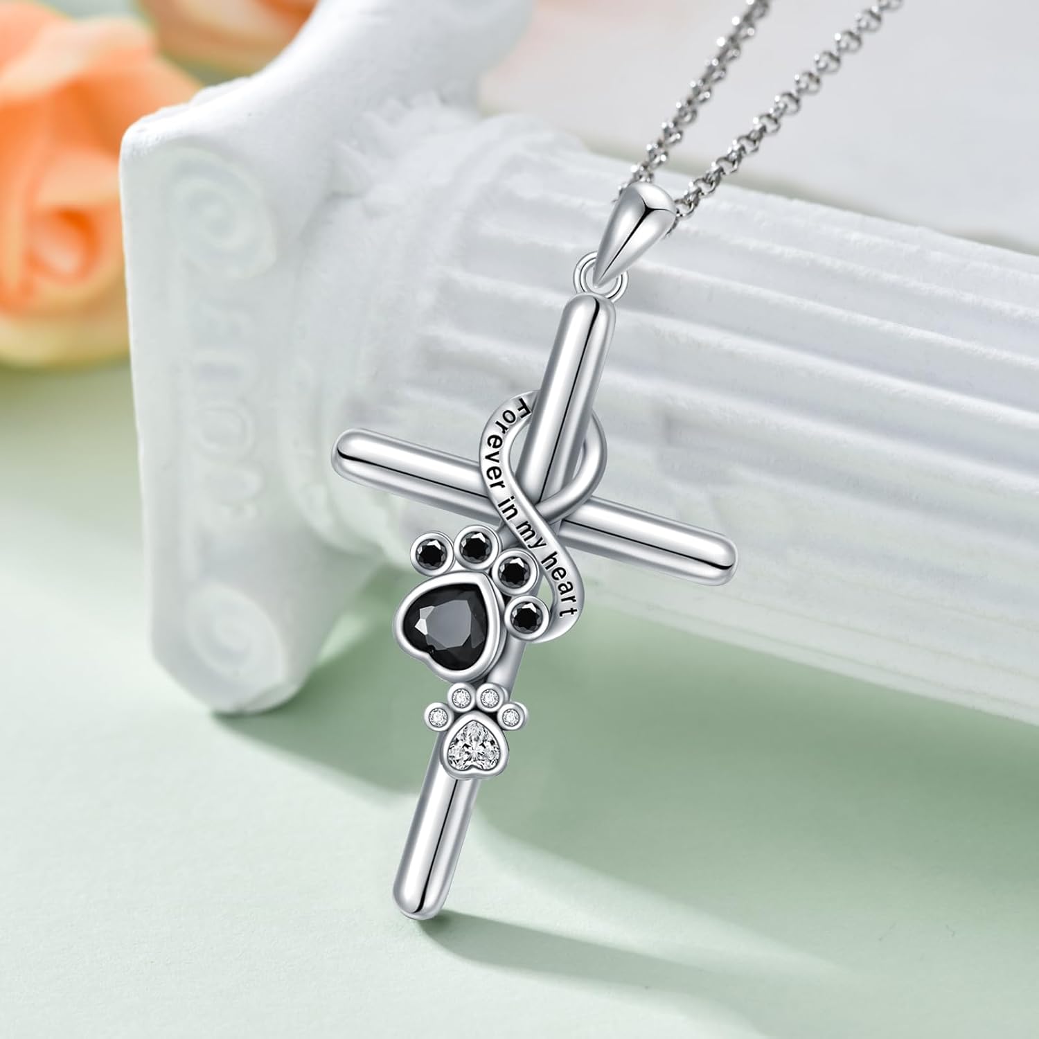 925 Sterling Silber Halskette – Pfotenabdruck / Kreuz Anhänger