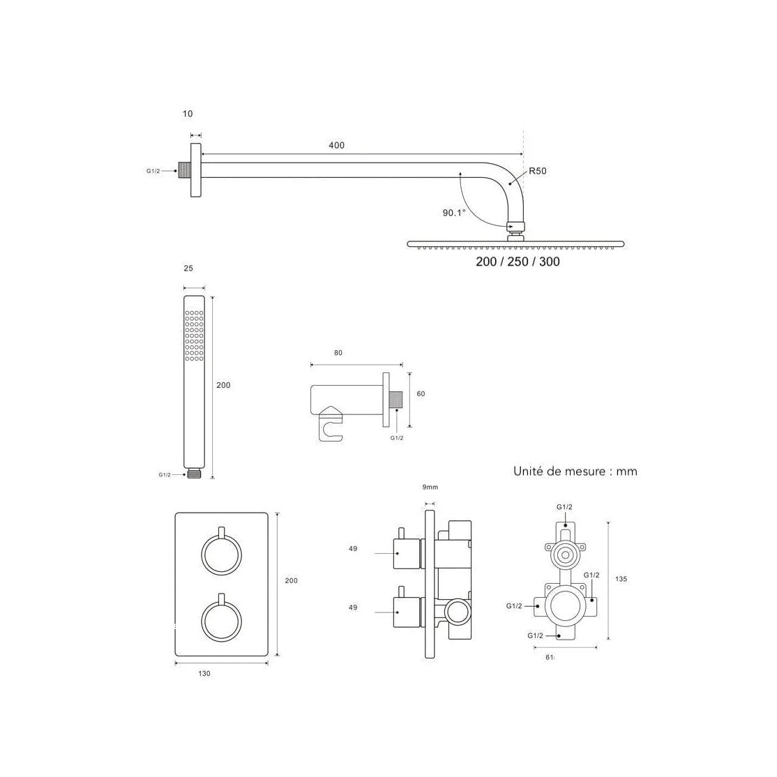 Colonne de douche encastrée or rose brossé
