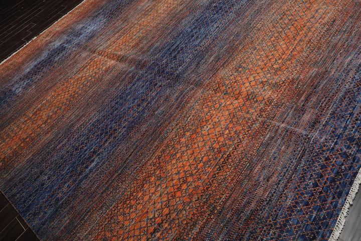 9’ x 12’ Hand Knotted 100% Wool Modern Grass Oriental Area Rug Orange, Navy