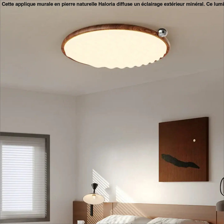 Applique murale circulaire en pierre naturelle avec cadre en bois et lumière diffuse chaude idéale long d un couloir ou autour d un miroir