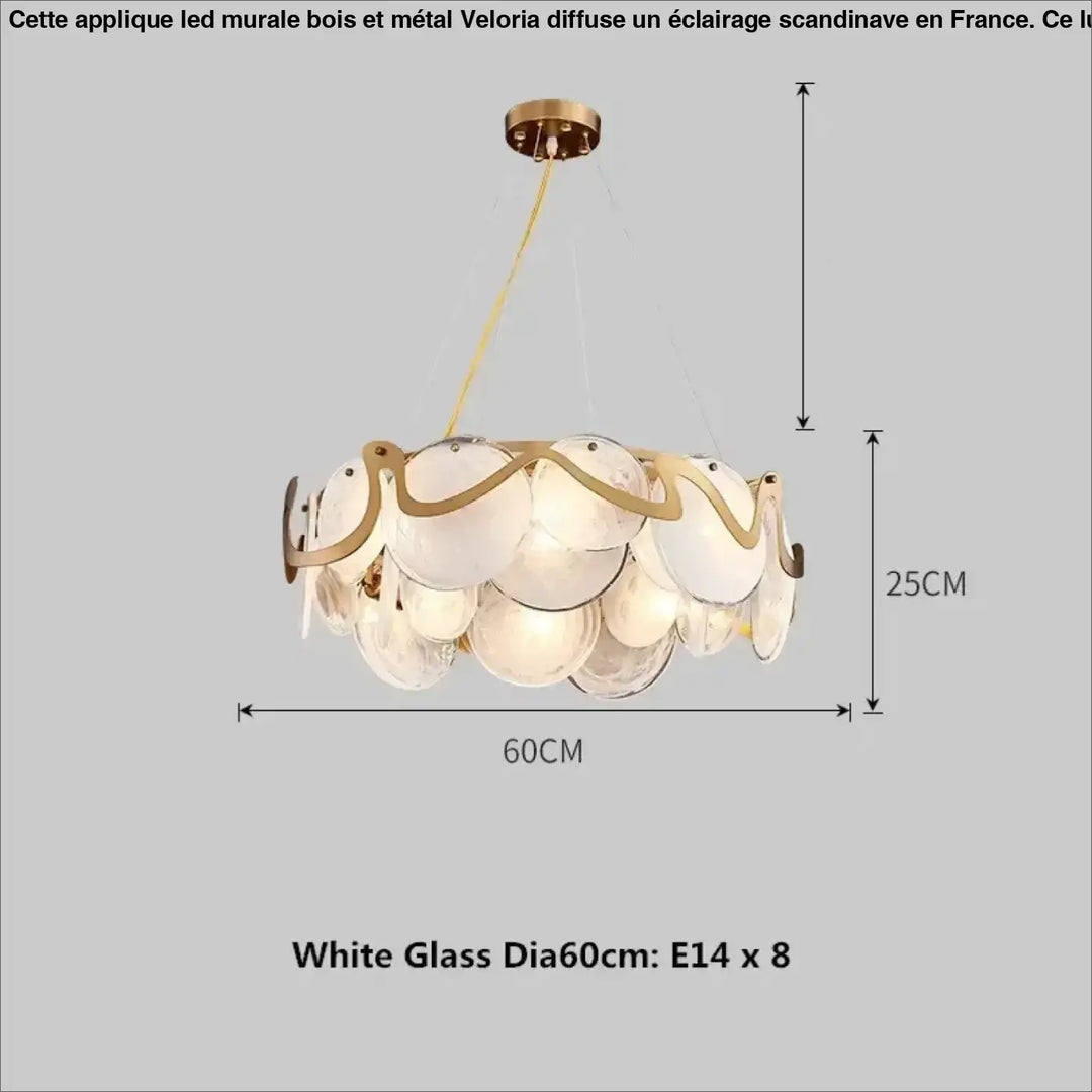 Suspension luminaire en verre blanc et structure dorée chic