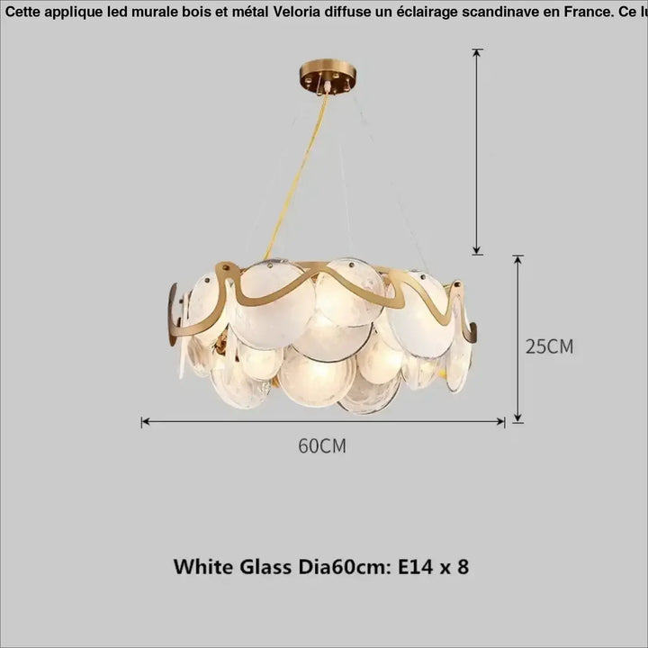 Suspension luminaire en verre blanc et structure dorée chic