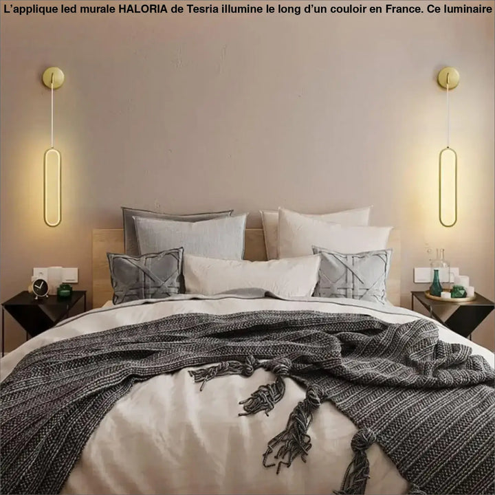 Applique led murale haloria en métal doré avec design ovale moderne et éclairage led mural élégant