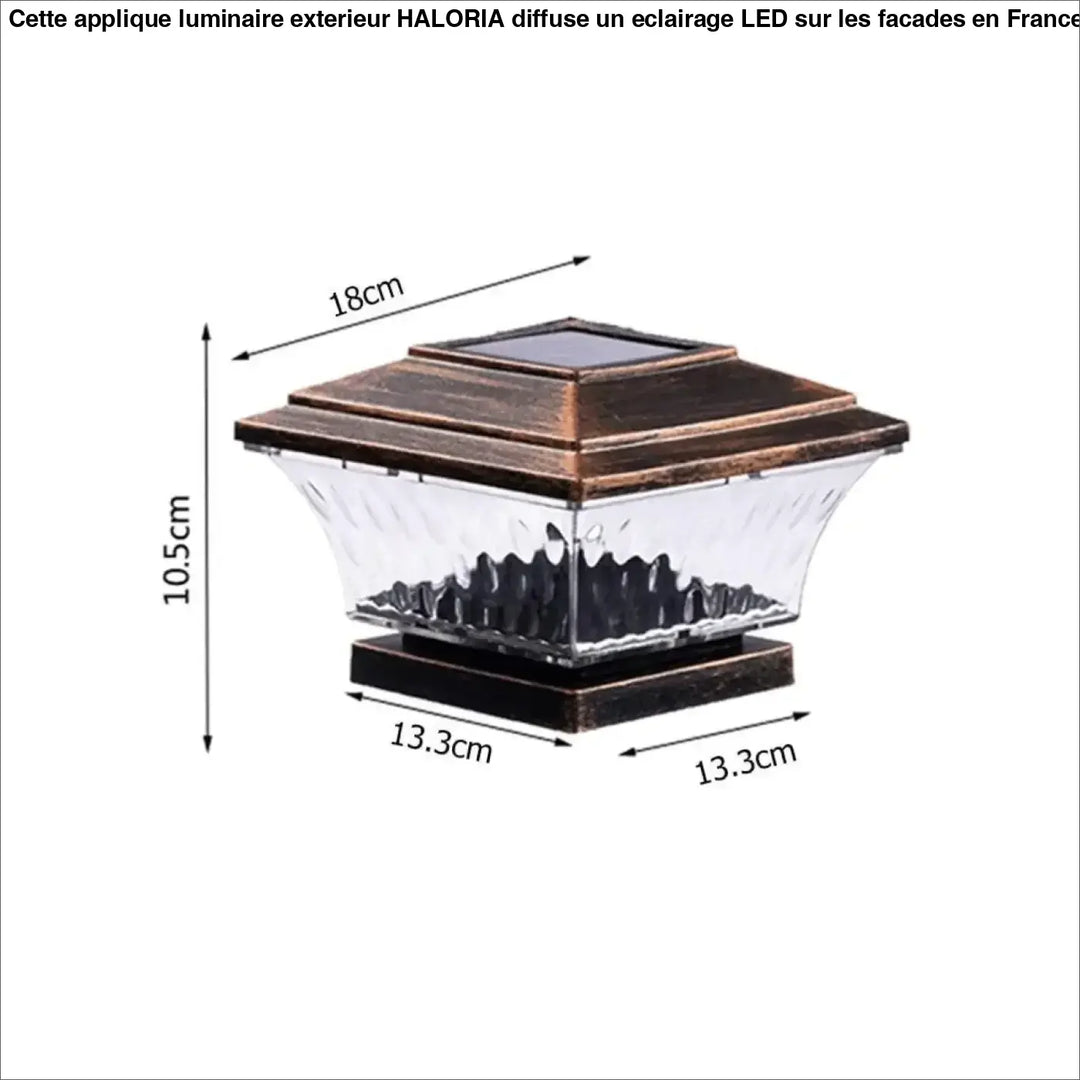 Applique luminaire exterieur bronze avec corps en verre texturé clair et lampe led noire intégrée HALORIA solaire