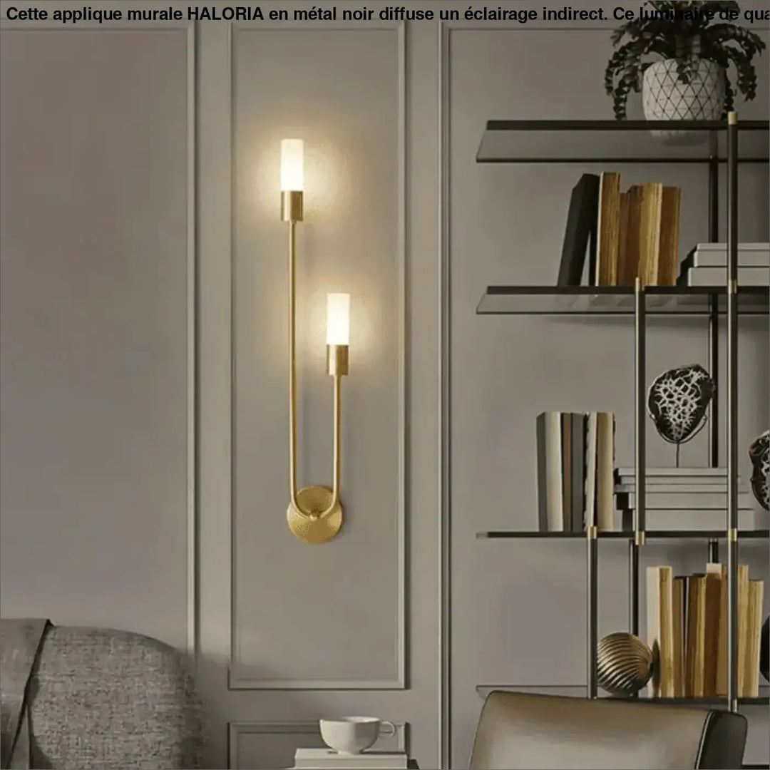 Applique mural metal gold-toned with two vertical frosted glass cylindrical shades for elegant lighting