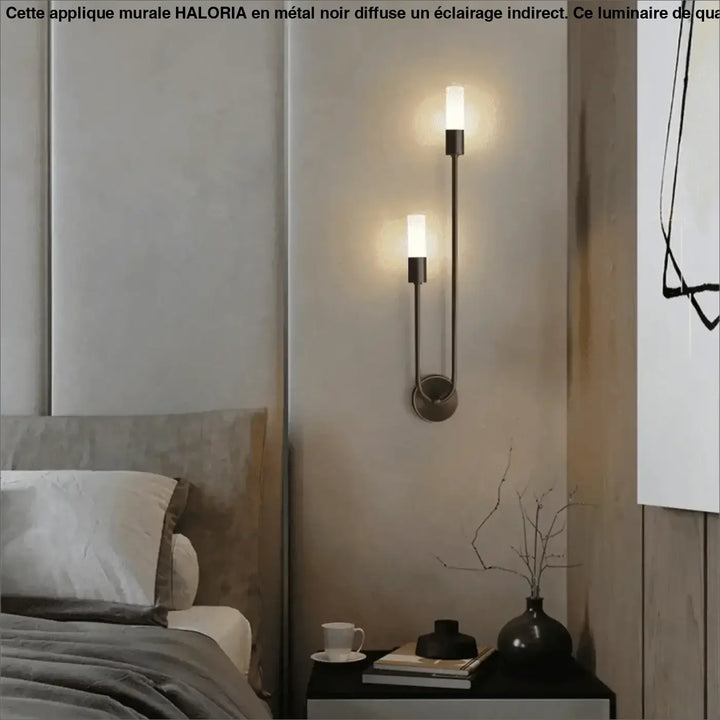 Applique mural metal moderne en métal noir avec deux ampoules verticales en verre dépoli style bougie haloria