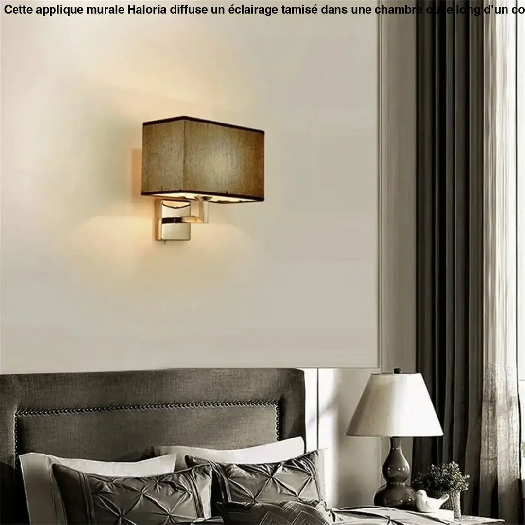 Applique murale rectangulaire haloria avec abat jour beige texturé et base en chrome poli idéale autour d’un miroir