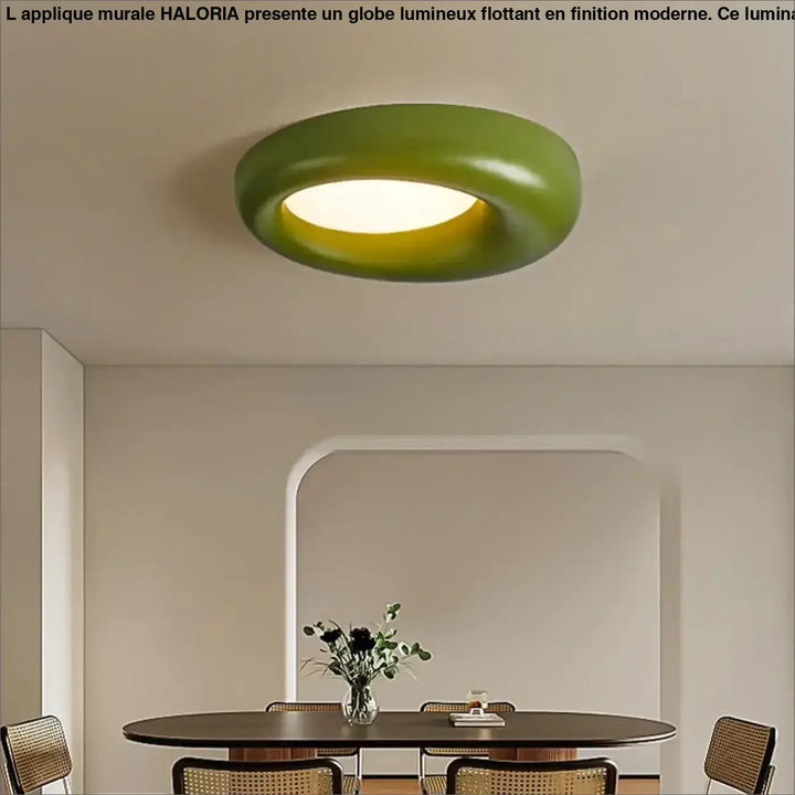Luminaire plafonnier torix led style avec finition vert avocat mat et lumière chaude jaune au centre