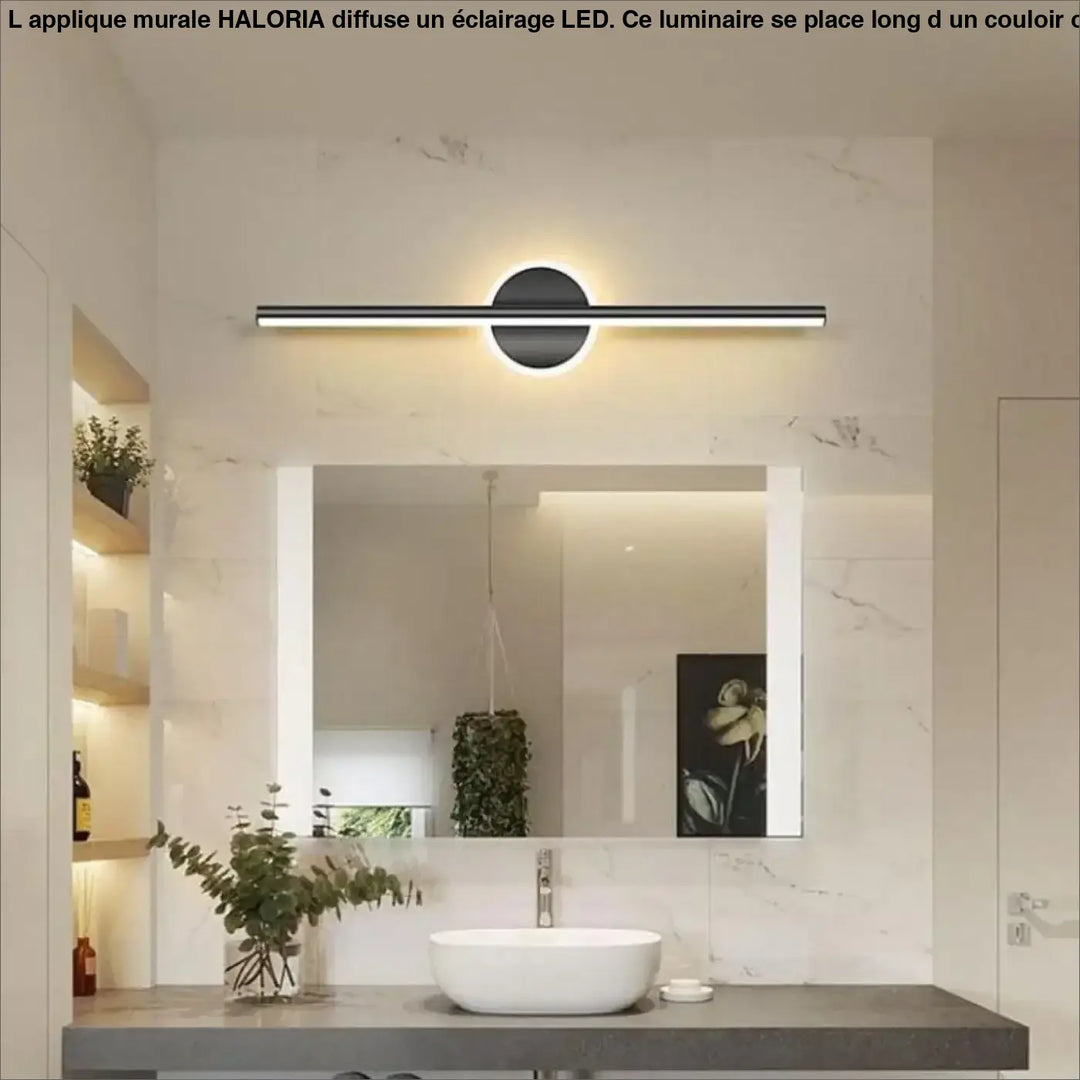 Applique murale led haloria noire et blanche avec un accent circulaire ideale autour d un miroir ou long d un couloir