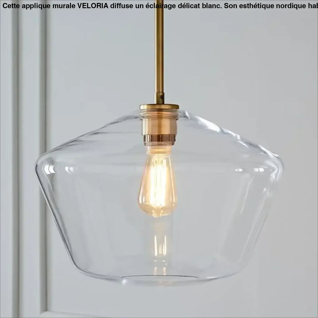 Suspension luminaire glazia en verre transparent avec tige et douille en métal doré et ampoule edison visible