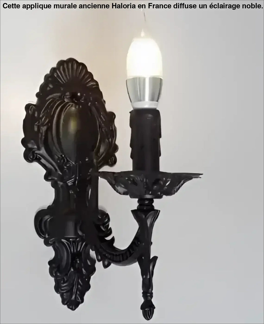 Applique murale ancienne noire en fer forgé ornemental avec ampoule style bougie inspirée des châteaux européens haloria