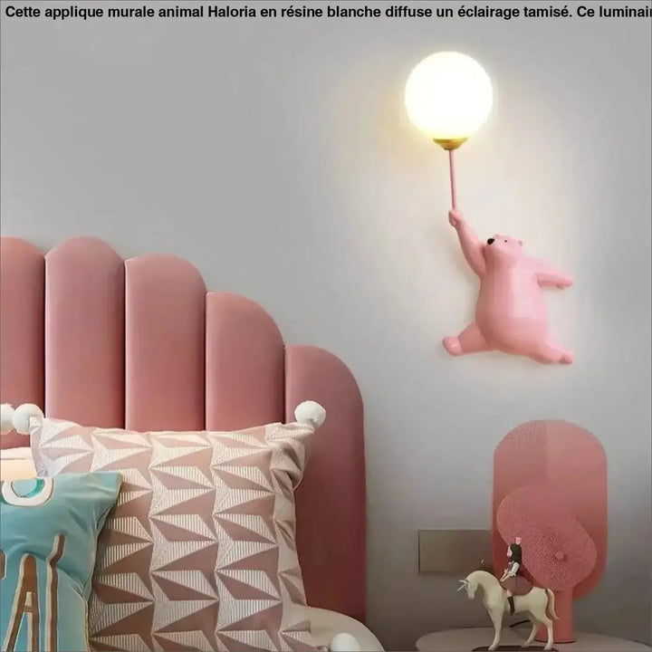 Applique murale animal ours rose avec ampoule sphérique lumineuse sur tige fine pour décoration intérieure