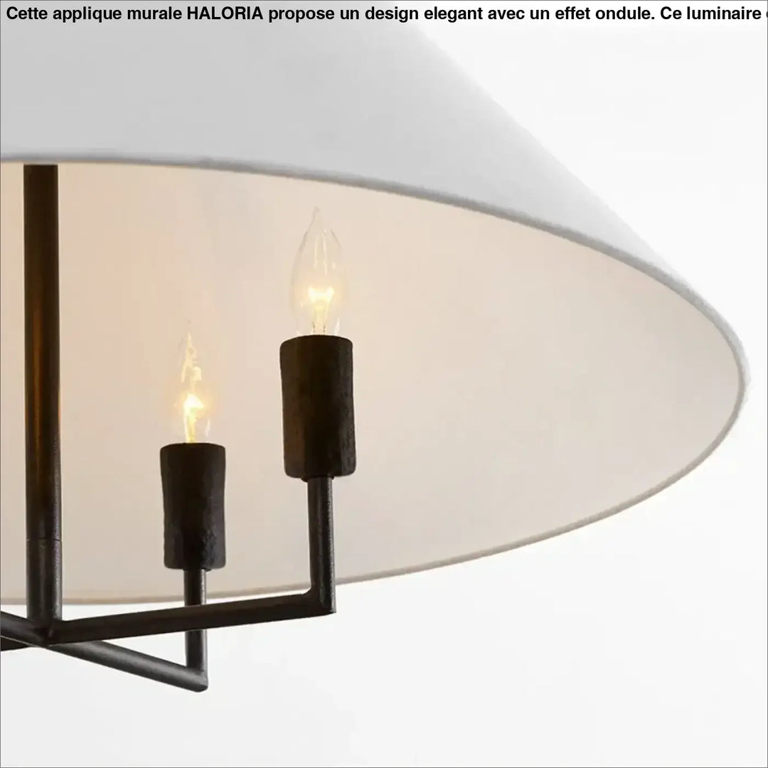 Suspension luminaire tissuni avec abat-jour conique blanc cadre métal noir et deux ampoules à filament exposées