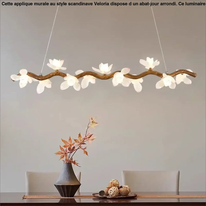 Suspension luminaire jemah en forme de branche courbée avec fleurs blanches, lampes suspendues parfaites pour mètres carrés raffinés
