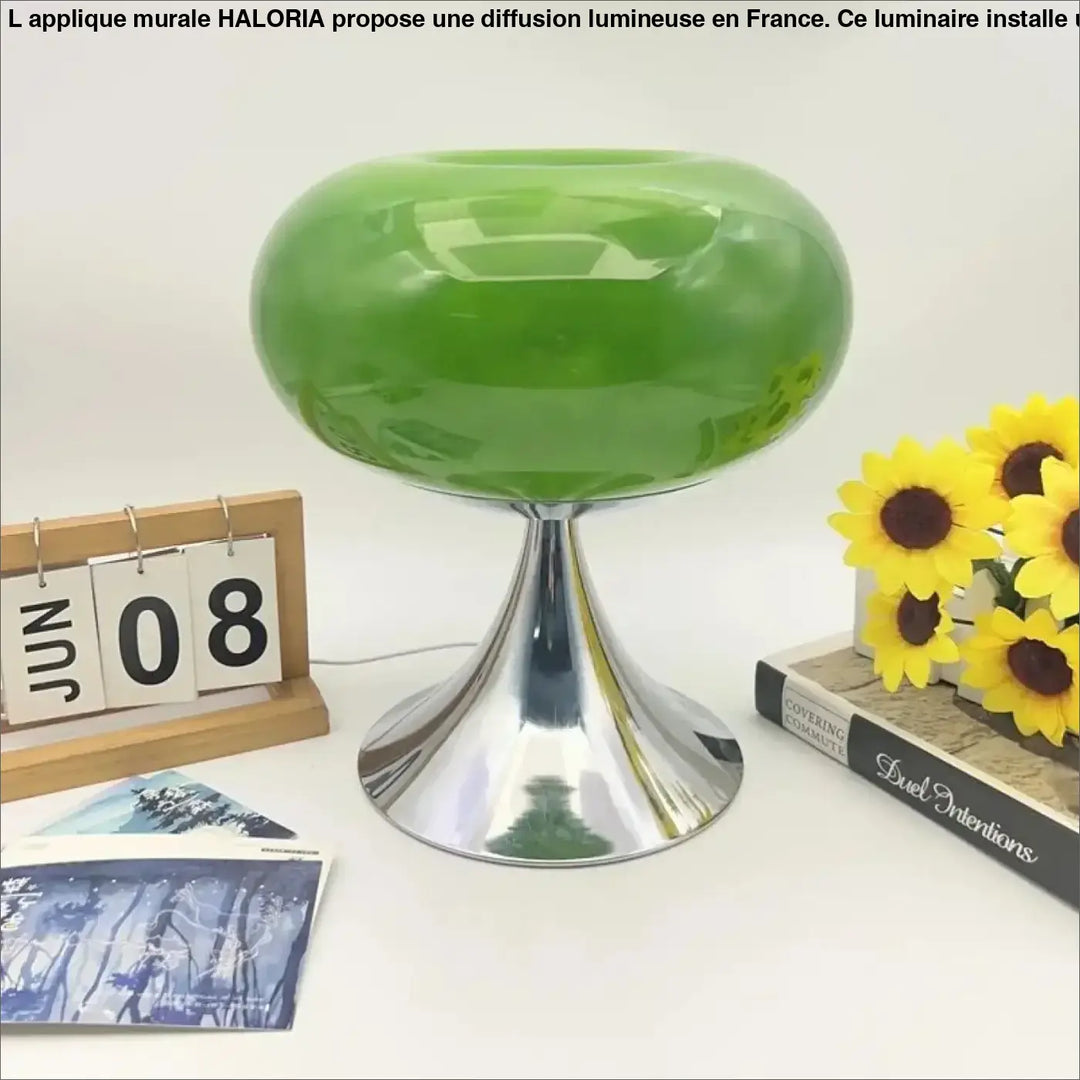 Lampe de table puffel en verre vert brillant avec base chrome élégante, idéale pour usage intérieur