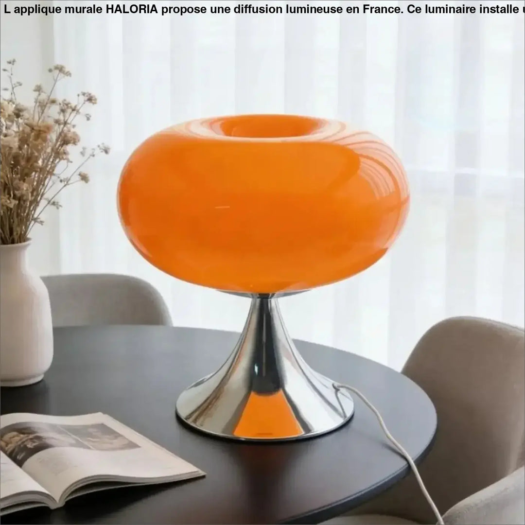 Lampe de table puffel avec lampe champignon en verre orange vif et base chrome élégante, idéale pour salon ou bureau
