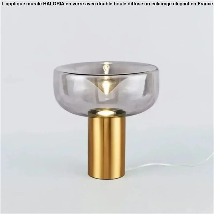 Lampe de table gloss avec abat-jour en verre fumé gris translucide et base cylindrique en laiton poli pour décoration intérieure design sculptural