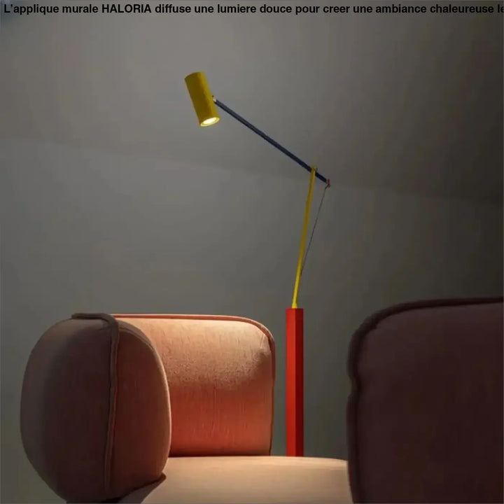 Lampadaire kineo avec lampe cylindrique jaune, bras articulé bleu et base rouge, idéal pour chambre à coucher