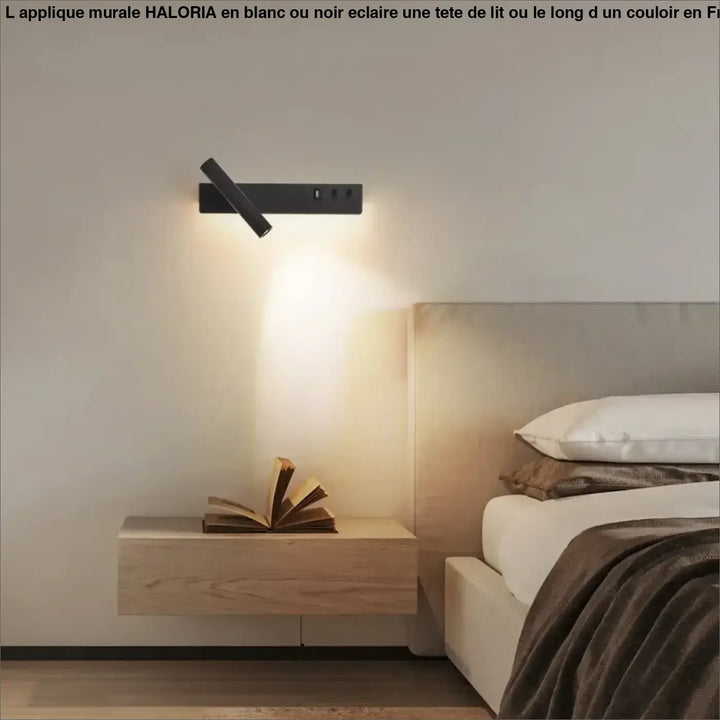 Applique murale noire avec bras ajustable et prises intégrées pour tête de lit haloria