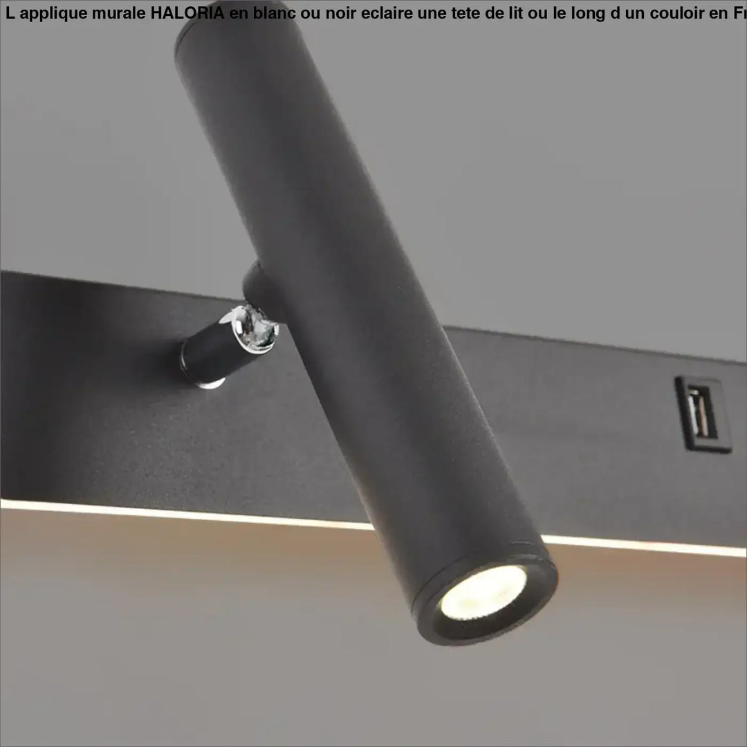 Applique murale noire haloria avec spot led cylindrique mat et bras ajustable pour tete de lit moderne