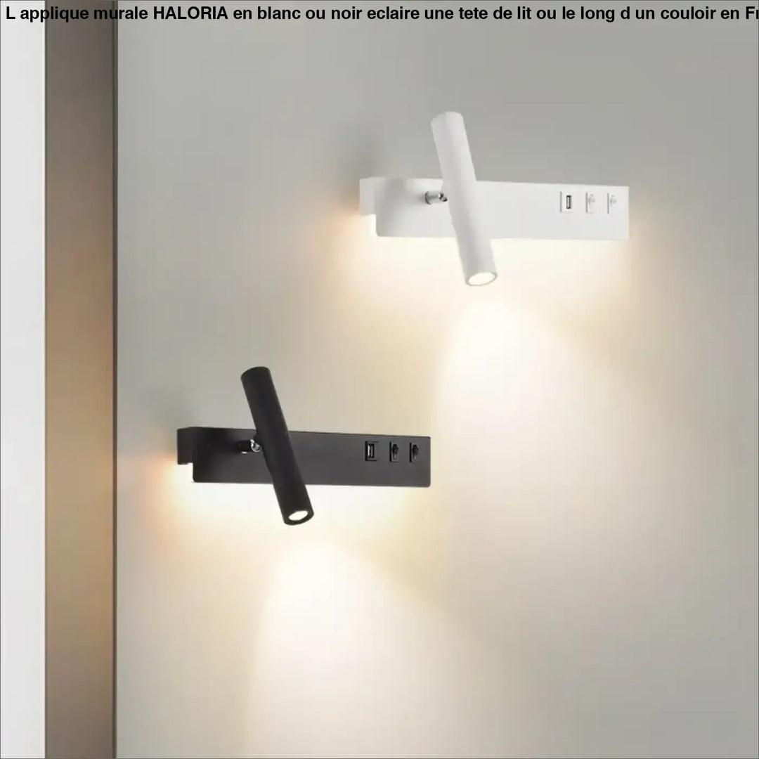 Applique murale blanche ou noire haloria avec tête cylindrique et ports usb intégrés pour lecture tête de lit