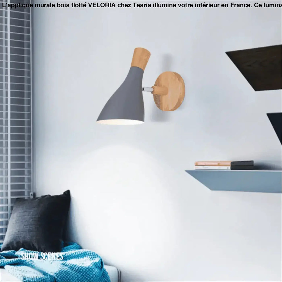 Gray conical applique murale bois with natural wood base and minimalist design by veloria
