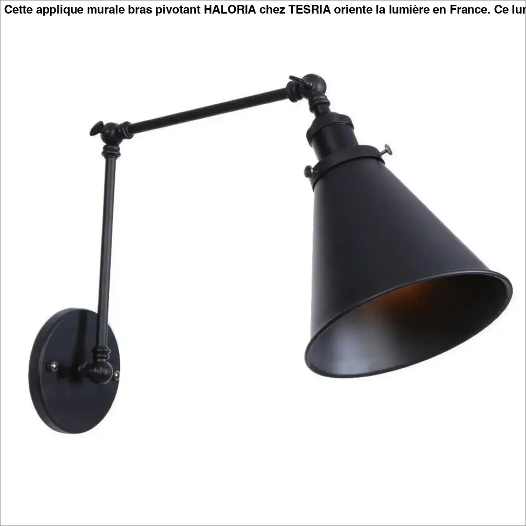 Applique murale bras pivotant haloria en métal noir mat de style industriel avec bras ajustable et abat-jour conique