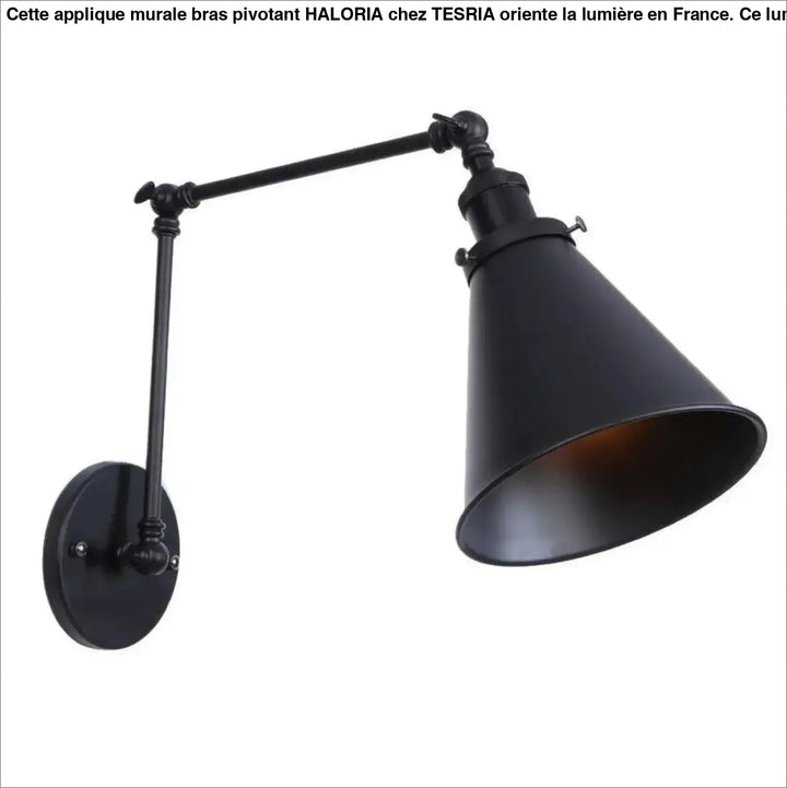 Applique murale bras pivotant haloria en métal noir mat de style industriel avec bras ajustable et abat-jour conique