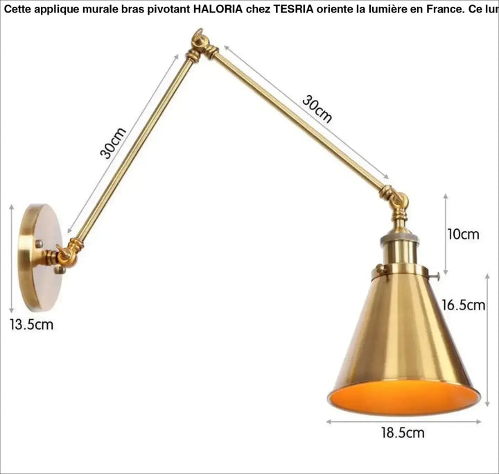 Applique murale bras pivotant en laiton avec abat-jour conique et intérieur orange modèle haloria