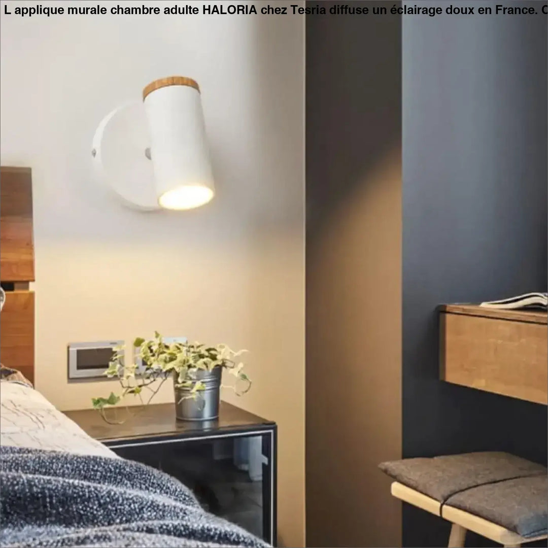 Applique murale chambre adulte blanche cylindrique avec dessus en bois naturel par haloria
