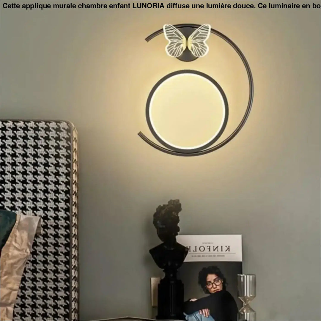 Applique murale chambre lunoria noire circulaire avec lumière chaude et papillon lumineux pour murale chambre enfant