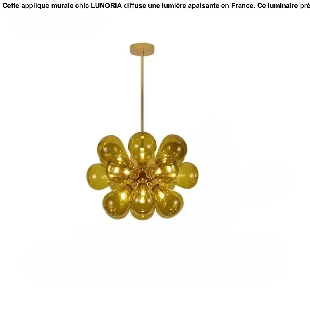 Suspension luminaire anthya en verre soufflé ambre doré avec tige et fixation plafond finition laiton effet floral