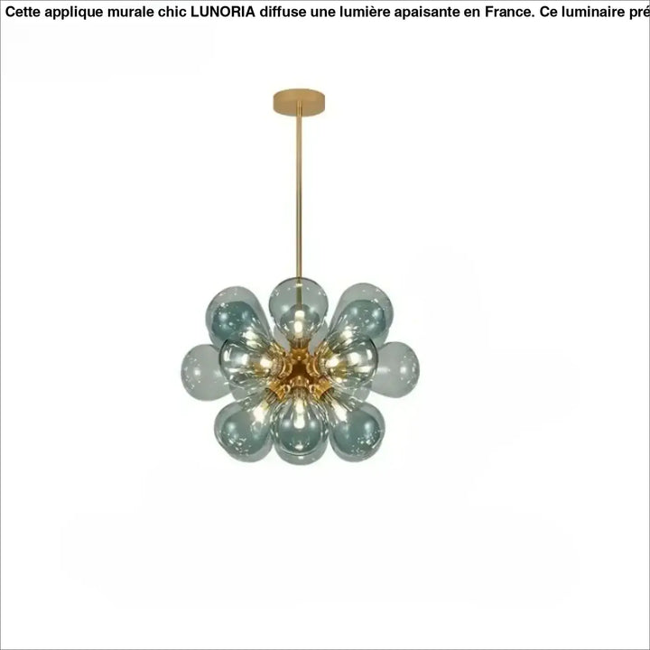 Suspension luminaire anthya avec cadre central doré et orbes en verre soufflé teal effet floral suspendue par tige en laiton