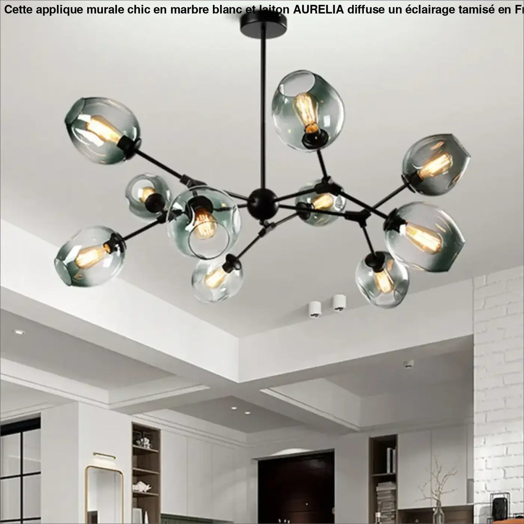 Suspension luminaire alloy en métal noir moderne avec bras articulés vintage et globes de verre dépoli abritant des ampoules filament exposed