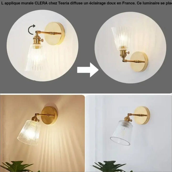 Applique murale clera en finition dorée avec abat-jour en verre côtelé ajustable idéale long d’un couloir ou autour d’un miroir