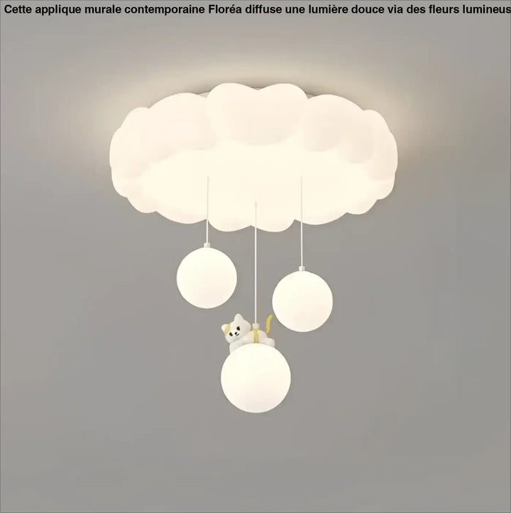 Luminaire plafonnier molya blanc en forme de nuage avec trois ampoules sphériques suspendues et figurine de chat, idéal pour salle à manger