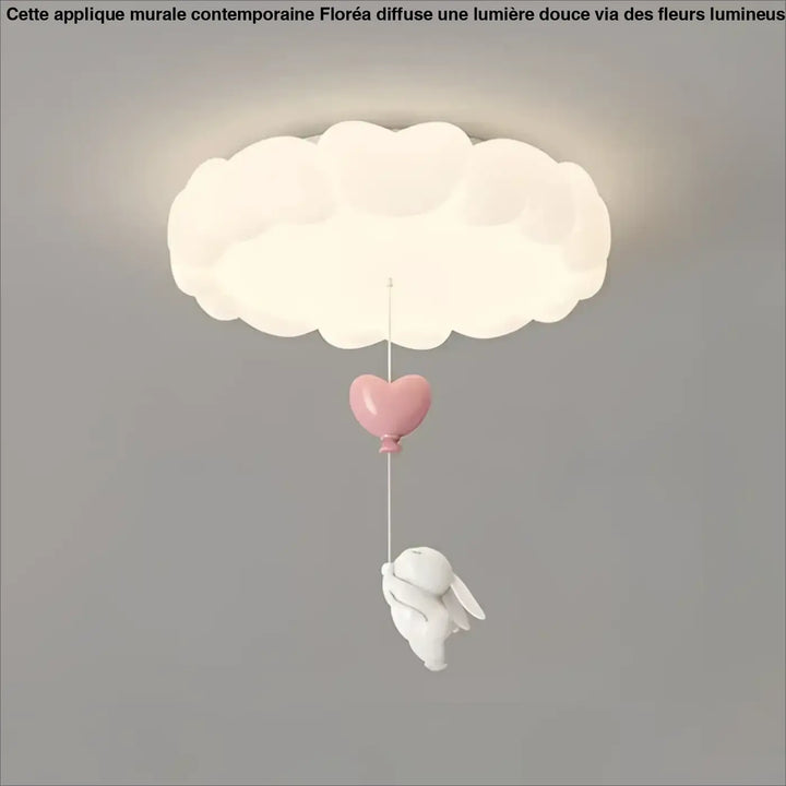 Luminaire plafonnier molya blanc en forme de nuage avec un ballon cœur rose et une figurine ange pour salle à manger