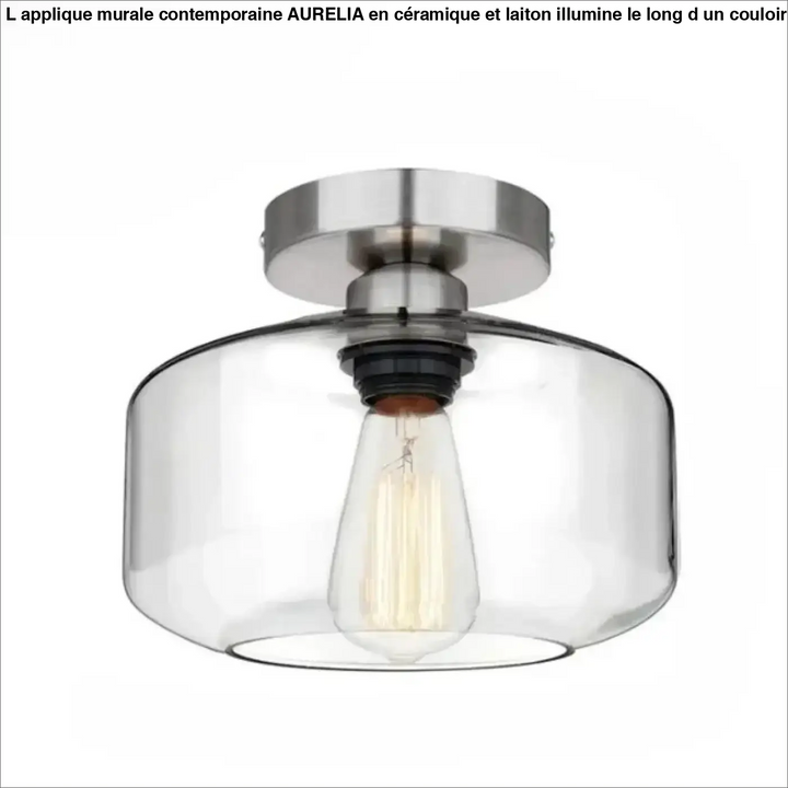 Luminaire plafonnier alto moderne en nickel brossé avec abat-jour en verre clair et ampoule edison apparente