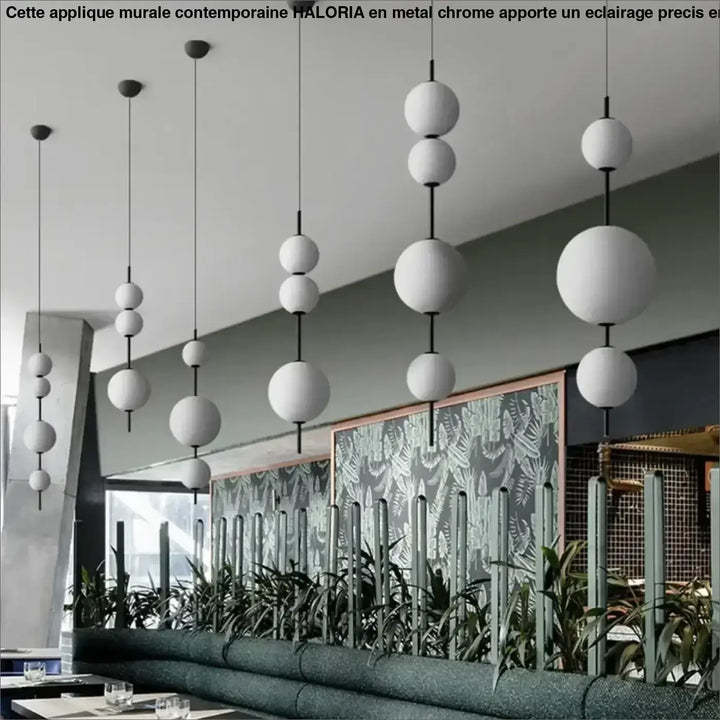 Suspension luminaire saku avec suspensions scandinaves modernes sphériques blanches et tiges noires en grappe cascade