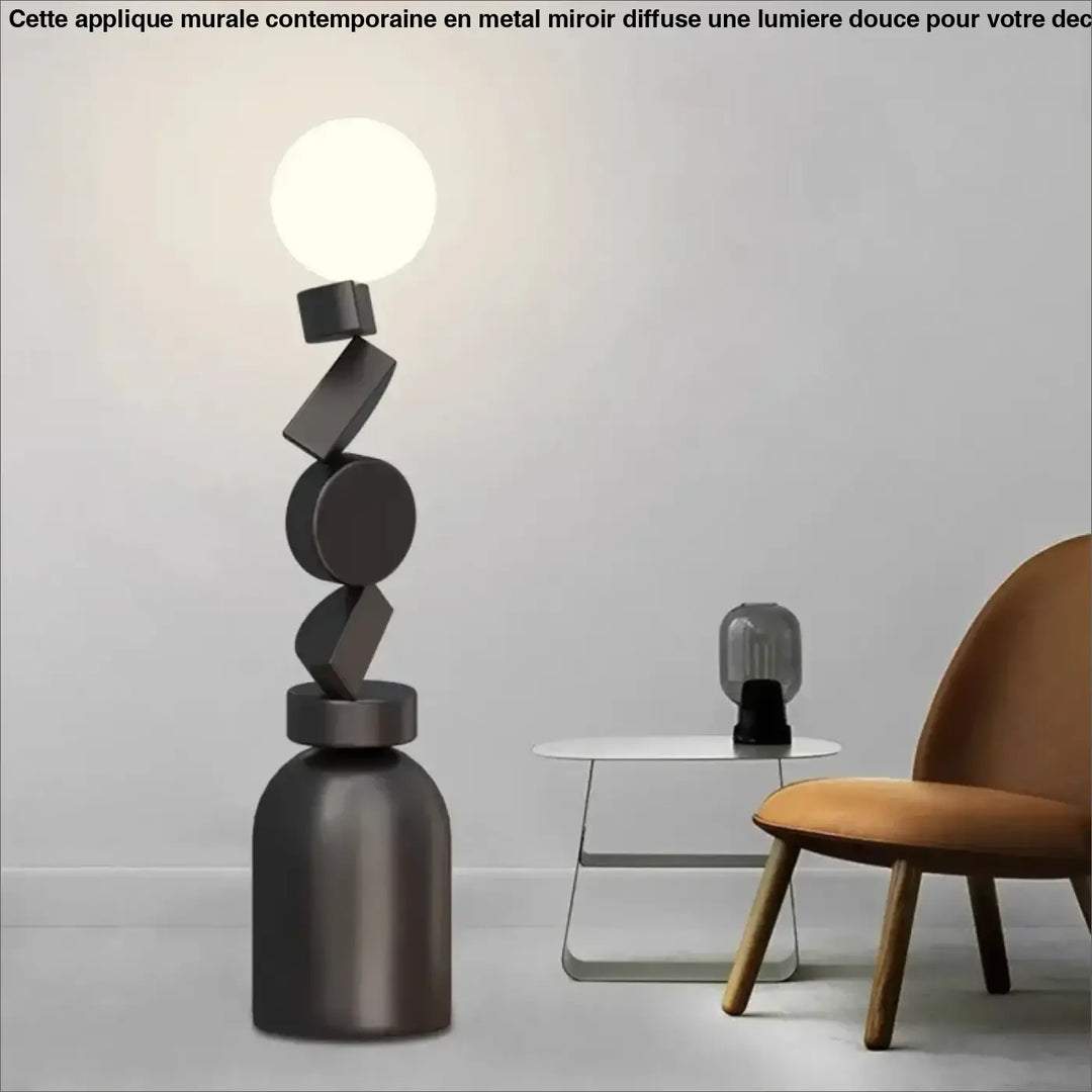 Lampadaire totex moderne noir mat avec formes géométriques empilées pour décorer root avec ampoule sphérique lumineuse