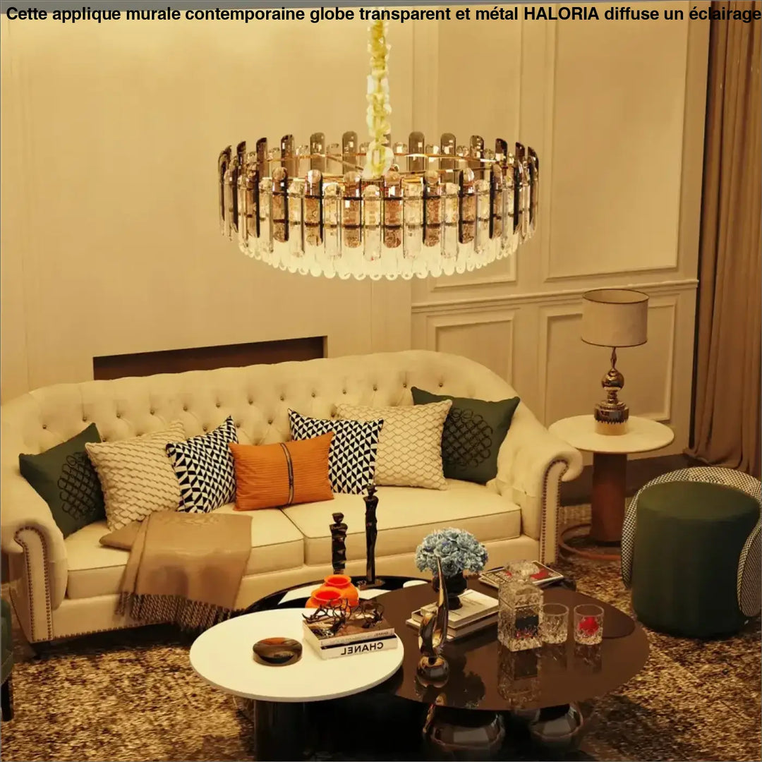 Suspension moderne rond cristal argenté raffinée pour salon