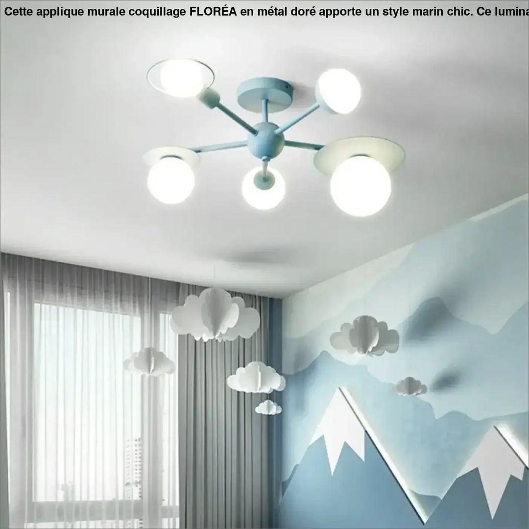 Luminaire plafonnier pastel bleu clair moderne avec cinq abat-jours circulaires en verre dépoli pour éclairage intérieur