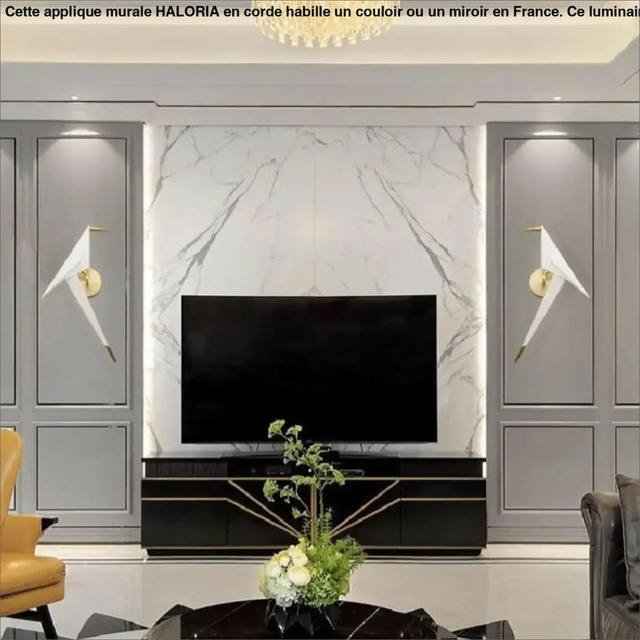 Applique murale corde haloria avec télévision écran plat noire montée sur mur en marbre blanc autour d un miroir