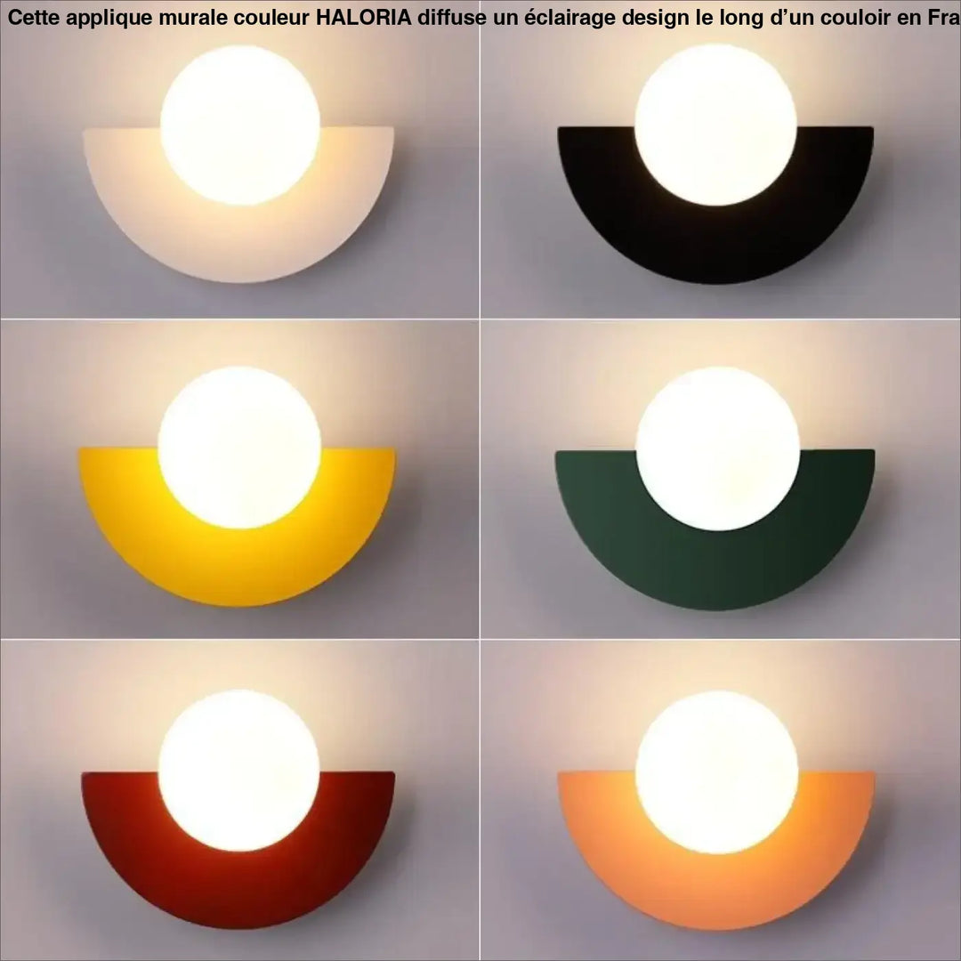Applique murale couleur haloria avec base incurvée mate et ampoule sphérique lumineuse moderne et minimaliste
