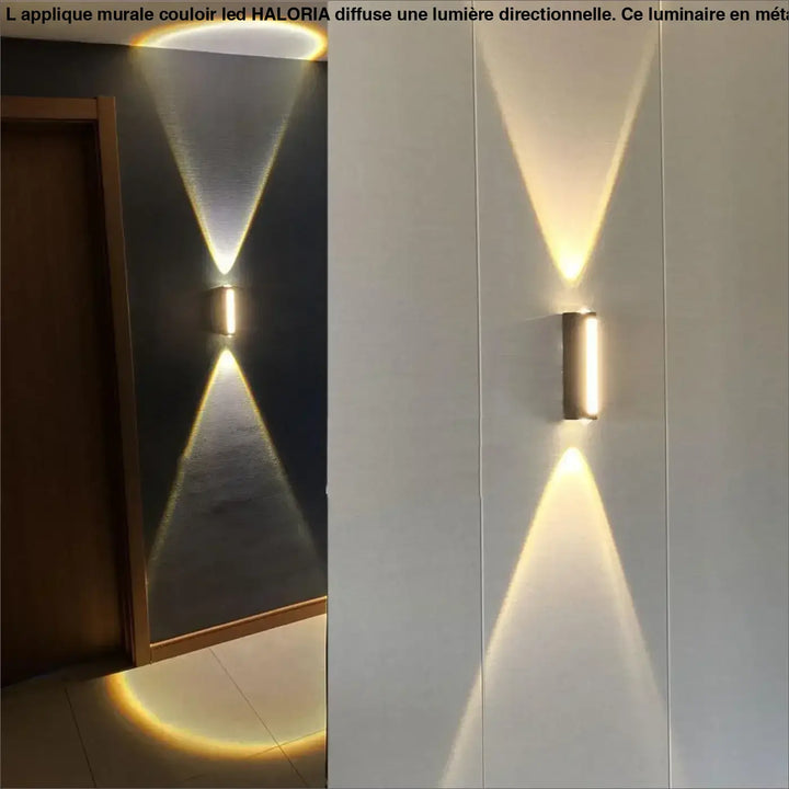 Applique murale couloir led haloria avec finition métallique élégante et éclairage chaleureux projetant des ombres géométriques