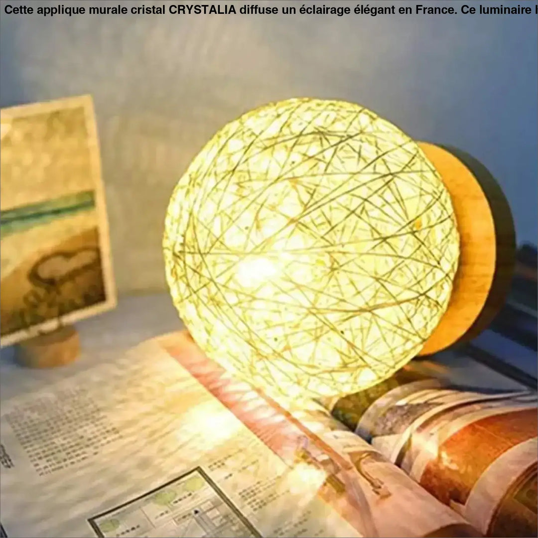 Applique murale cristal warm glowing spherical lamp with woven natural fiber design and wooden base
