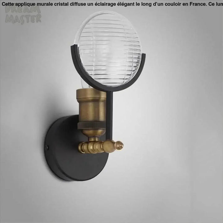 Applique murale cristal style industriel en métal noir avec accents laiton et globe en verre nervuré transparent
