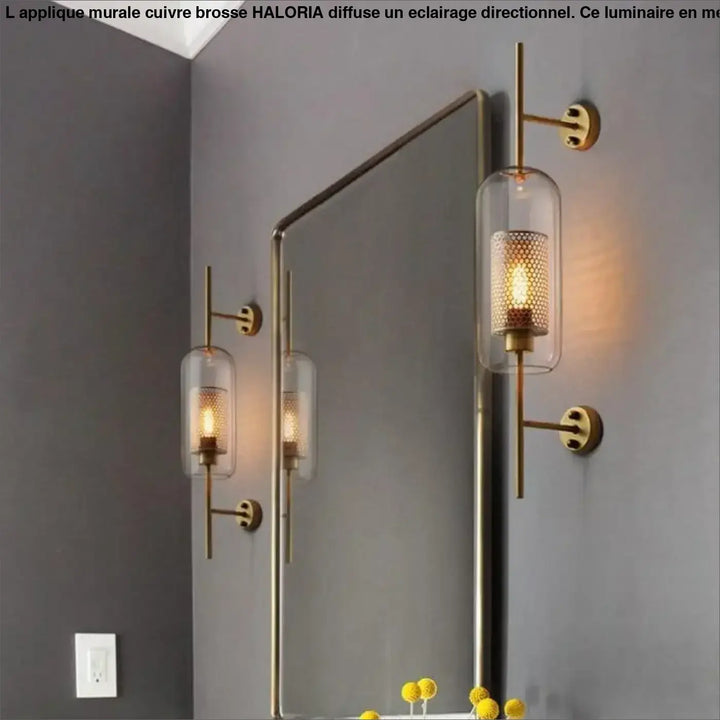 Applique murale cuivre brosse avec finition en laiton, cylindre en verre transparent et abat-jour en métal perforé haloria