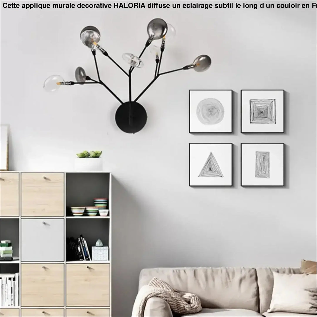 Applique murale decorative haloria en métal noir avec plusieurs ampoules sphériques en verre branches sur base circulaire