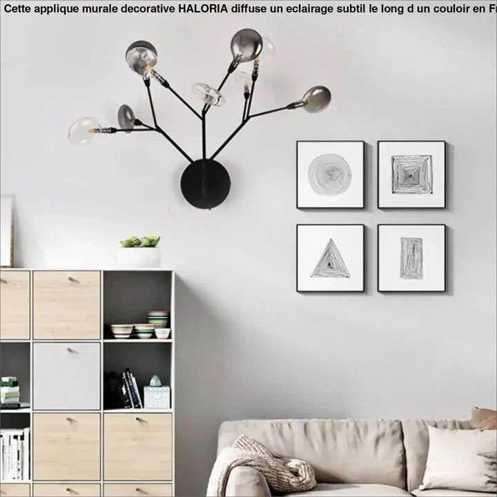 Applique murale decorative haloria en métal noir avec plusieurs ampoules sphériques en verre branches sur base circulaire